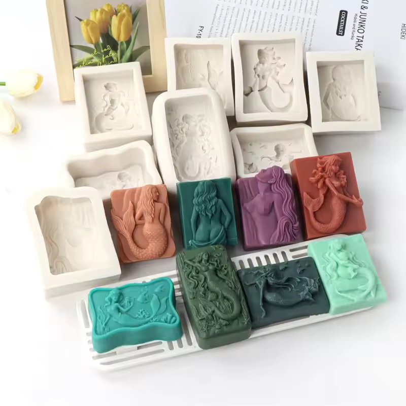 Candle Making Factory - แม่พิมพ์เทียนรูปนางเงือก 3 มิติ สไตล์มหาสมุทร แบบสี่เหลี่ยม แม่พิมพ์ซิลิโคนทำสบู่นางเงือกแบบนูน