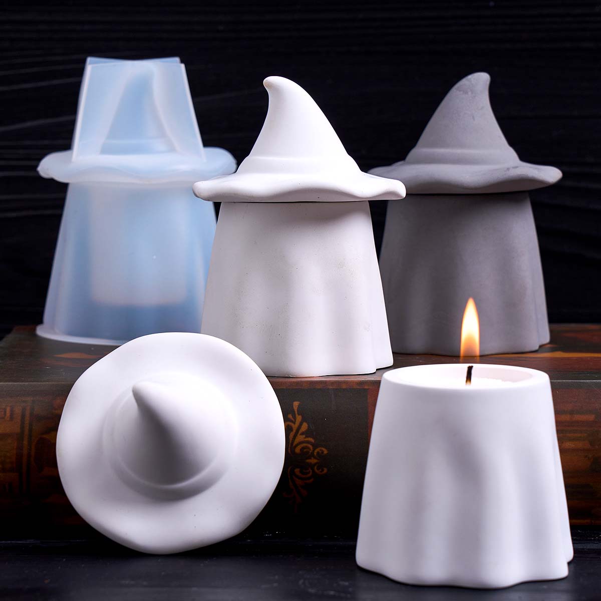 Candle Making Jars With Lids - แม่พิมพ์ซิลิโคนรูปทรงเทียนรูปแม่มดผีพร้อมฝาปิด สำหรับทำกล่องเก็บของยิปซัม แม่พิมพ์หล่อเรซิ่นอีพ็อกซี่ งานฝีมือตกแต่งบ้านสำหรับเทศกาลฮาโลวีน